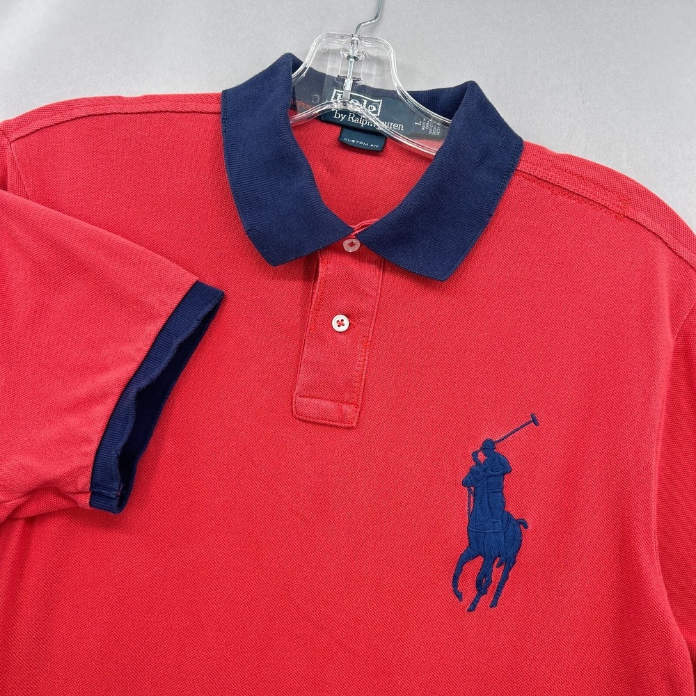 Polo Ralph Lauren Shirt Mens Large Pink Navy Big Pony Ringer Custom Fit Salmon